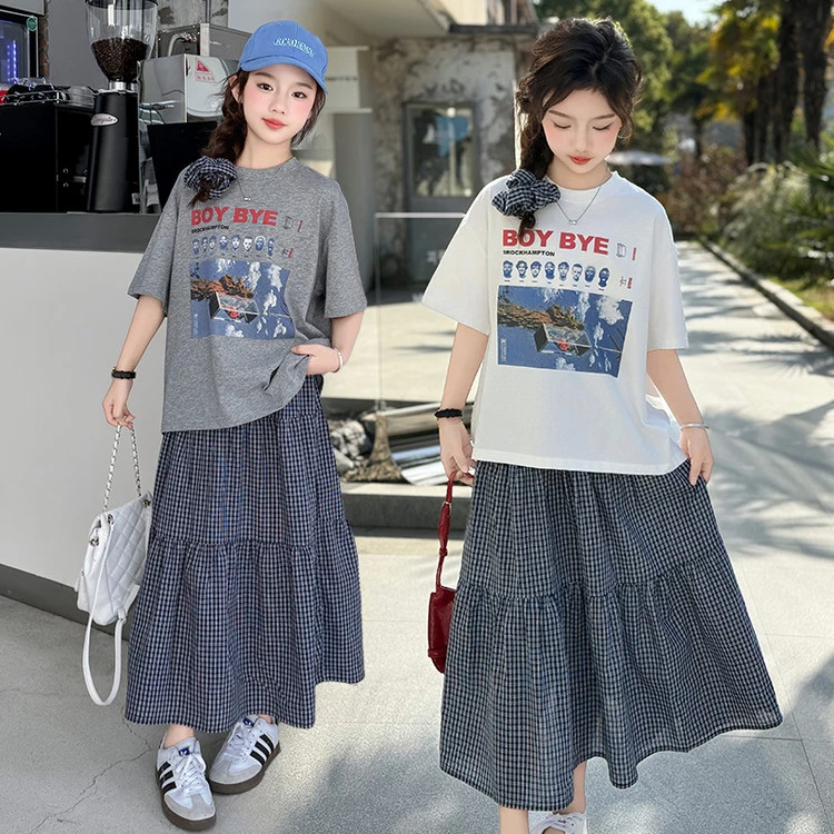 2025新款女童印花短袖T恤格子裙套装夏季薄款女孩中大童韩版百搭