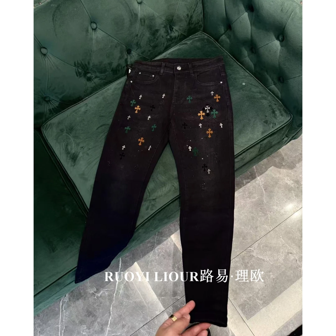 【路易理欧】欧货男士亮钻克罗花十字架休闲高端时尚牛仔裤0651