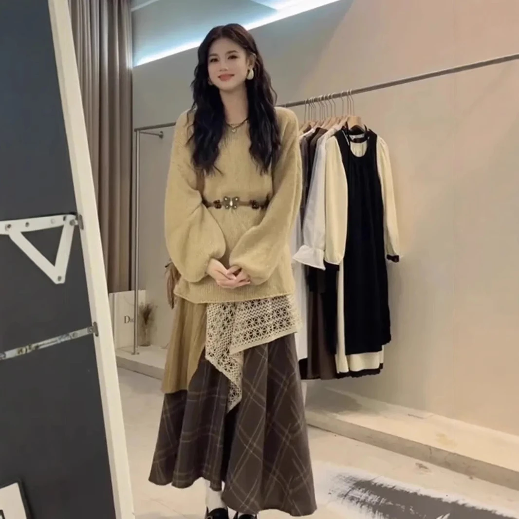 套装整套穿搭毛衣新款时尚洋气女装新款潮牌女装半身裙秋冬格子