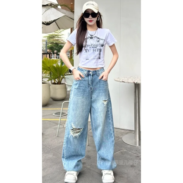 2025夏新品[自在牛仔]破洞裤牛仔女款软牛仔男友弯刀堆堆裤B995