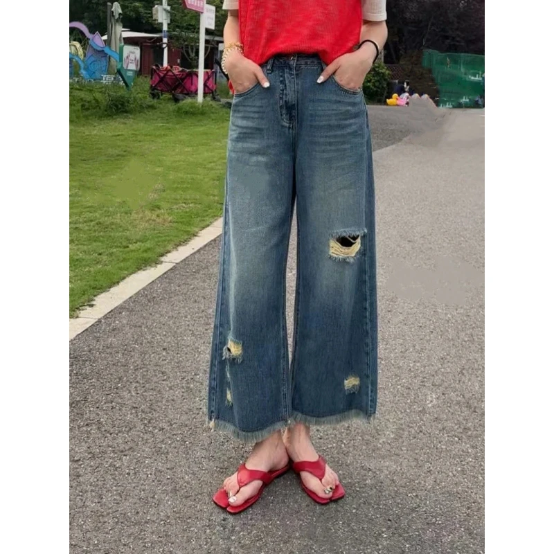 美式复古直筒破洞牛仔裤2025夏季新款显瘦百搭休闲毛边九分阔腿裤