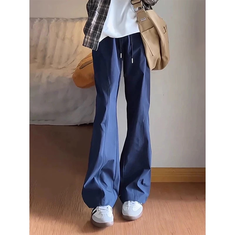 藏青色微喇速干裤女夏薄款冰丝垂坠感裤子显瘦美式斜切休闲运动裤