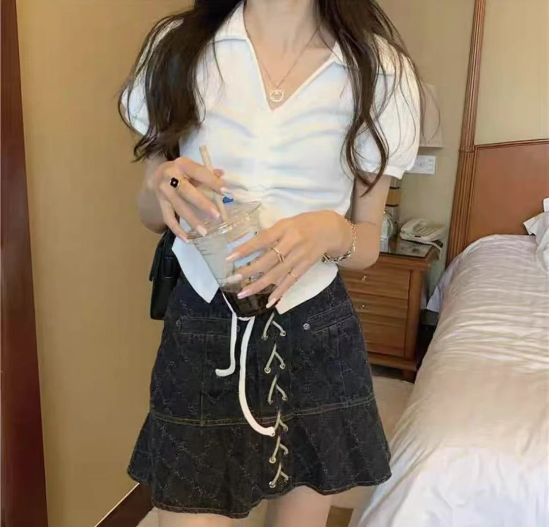 13051纯欲甜辣短袖T恤女小众设计感显瘦短上衣夏