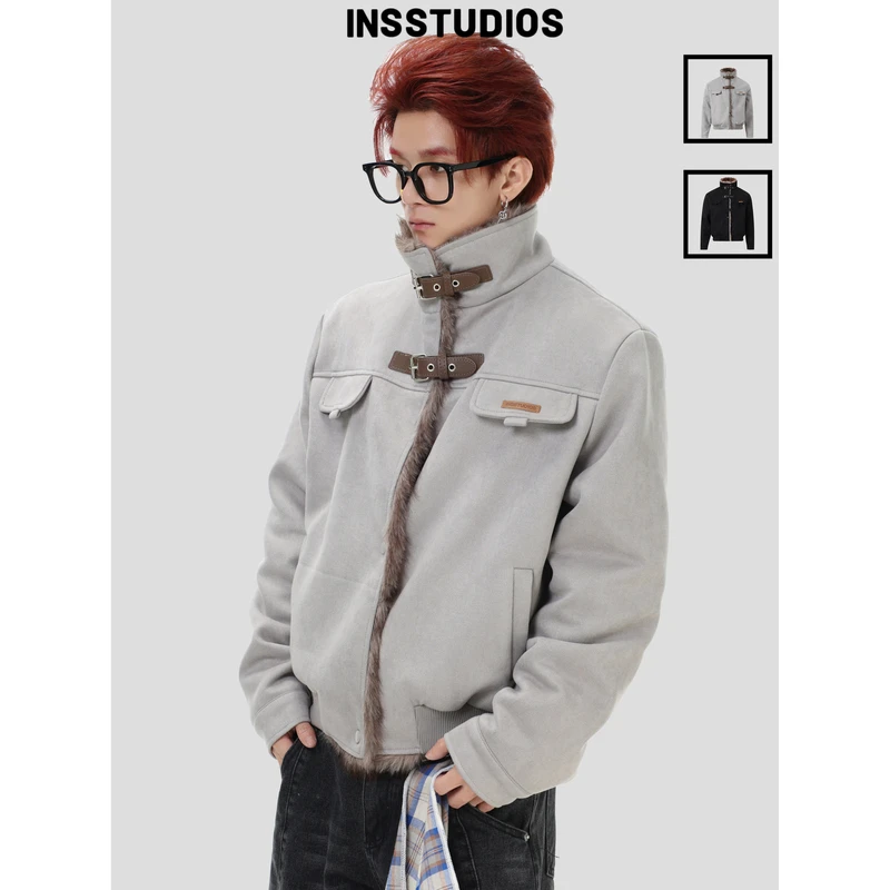 INSstudios 国潮牌美式复古「麂皮加绒立领座山雕」保暖棉衣外套