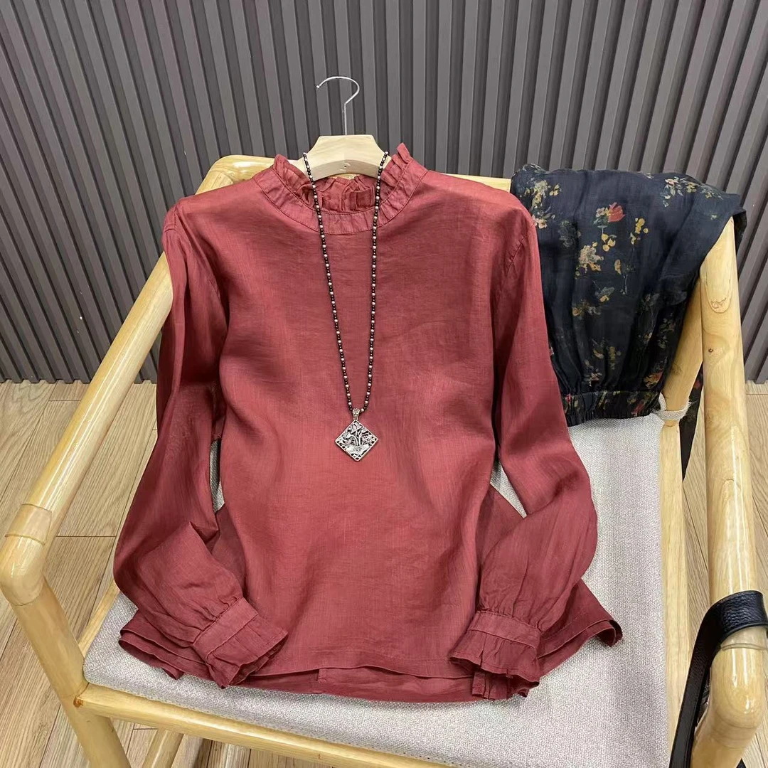 木耳立领苎麻长袖衬衫套头纯色百搭花边文艺复古上衣女C99929