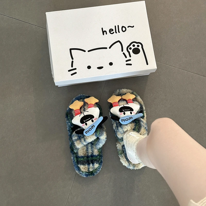 可爱卡通帕恰狗情侣秋冬毛毛鞋女2025秋居家撞色格子一字带棉拖鞋