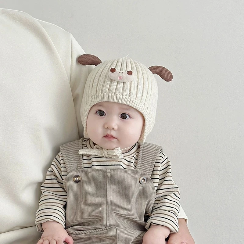 婴儿帽子秋冬季男宝宝可爱针织帽婴幼儿冬季加厚毛线帽外出护耳帽