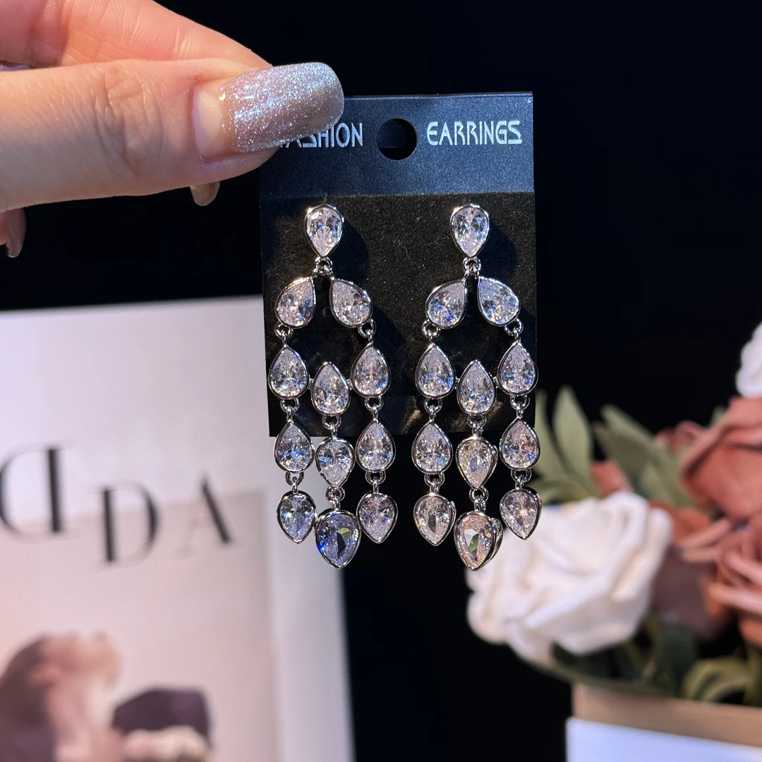 铜合金耳饰 悦颜】超闪气质轻奢百搭锆石耳坠优雅奢华时尚名媛耳钉