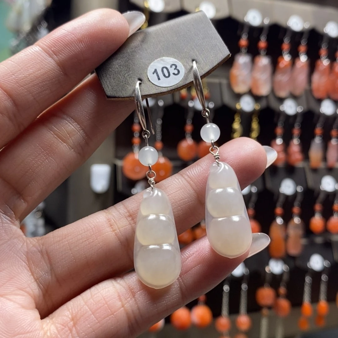 和田玉耳饰银S925镶嵌