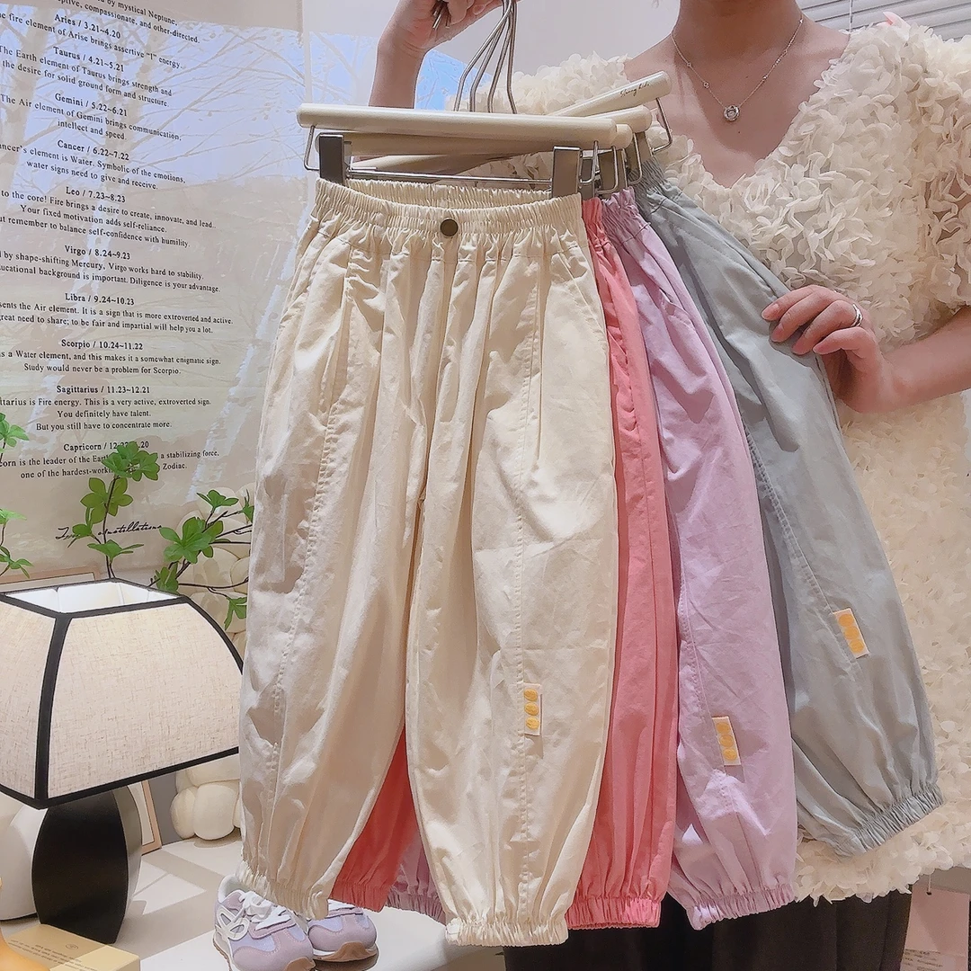 女童夏季薄款女童裤子纯色宽松休闲工装裤儿童宝宝束脚老爹防蚊裤