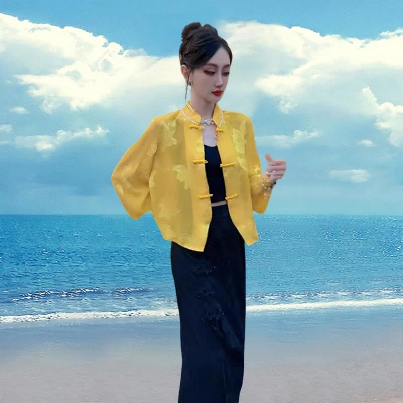 新中式盘扣防晒短外套女2025年夏季新款高级感立领国风提花薄衬衫