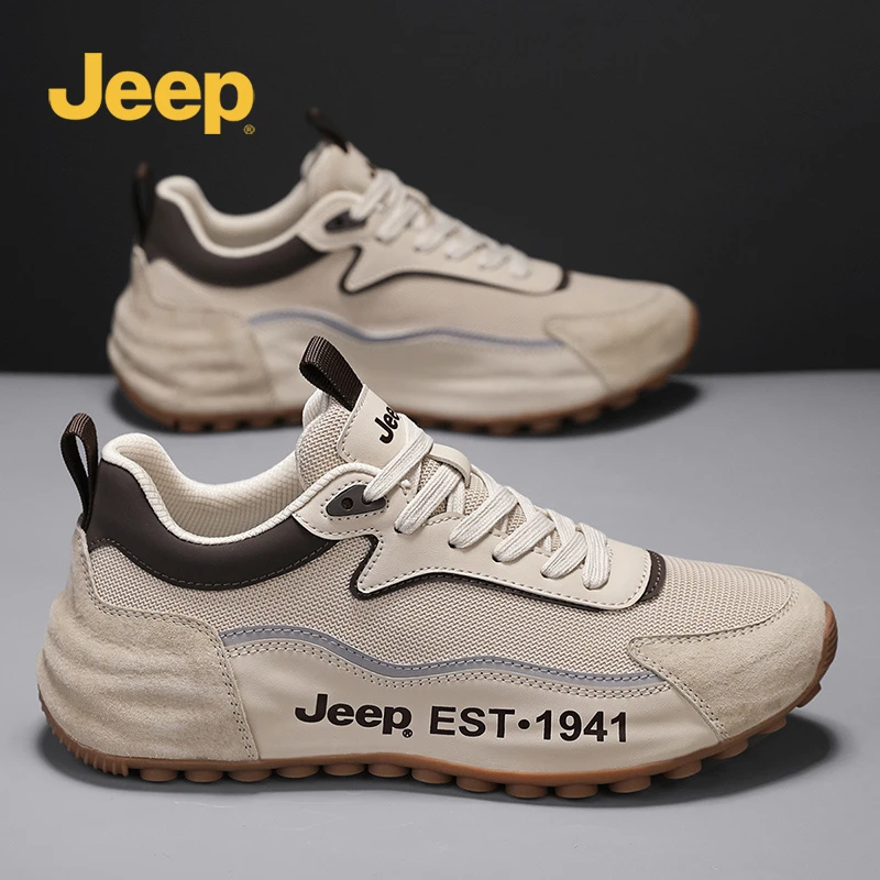 Jeep吉普男鞋真皮舒适休闲鞋新款网面透气厚底防滑户外运动跑鞋子