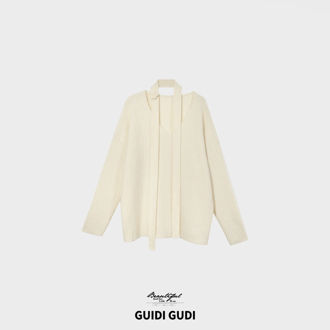 GUIDI GUDI【温柔假日】韩系温柔V领飘带宽松毛衣/黄加蓝