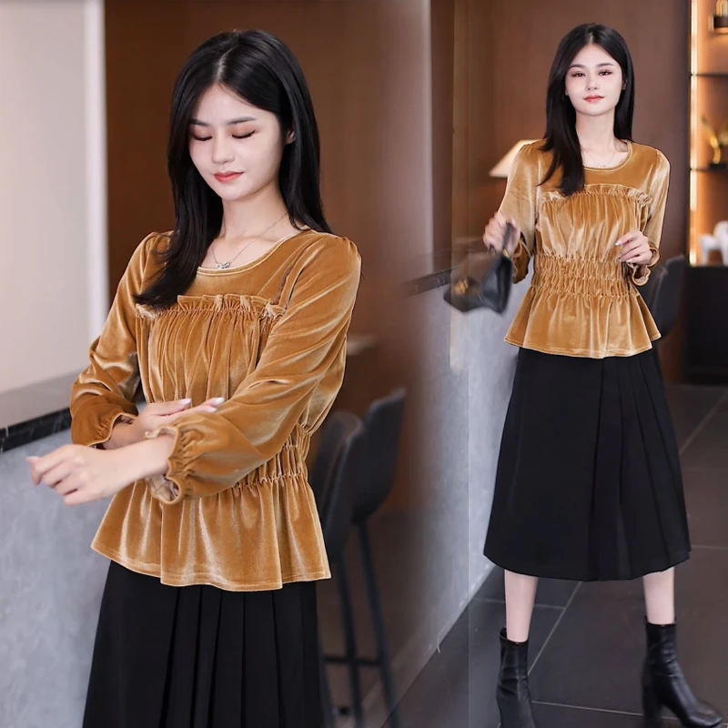 春秋金丝绒长袖打底衫女士时尚短款洋气卡腰小衫高贵漂亮收腰上衣