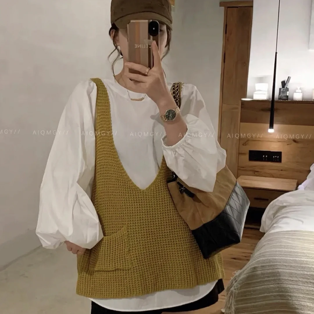 韩国东大门早秋新款百搭圆领长袖衬衫+针织背心上衣两件套装