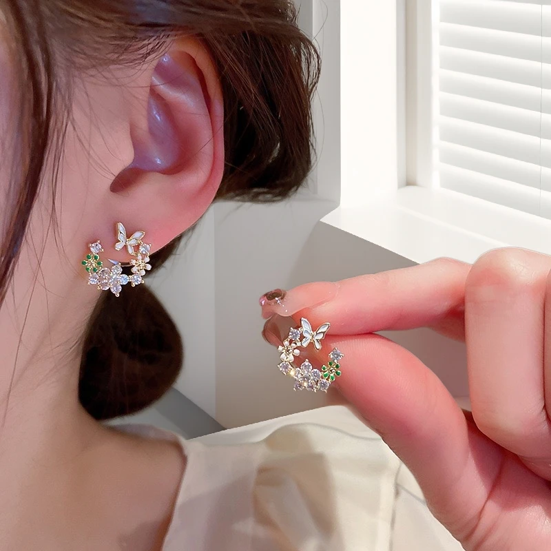 镀18K金花朵蝴蝶耳钉高级气质耳环耳饰轻奢耳坠女配饰