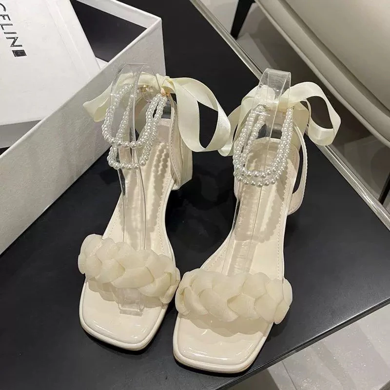 法式高跟凉鞋女 夏季2025新款水晶粗跟仙女小香风珍珠罗马凉鞋