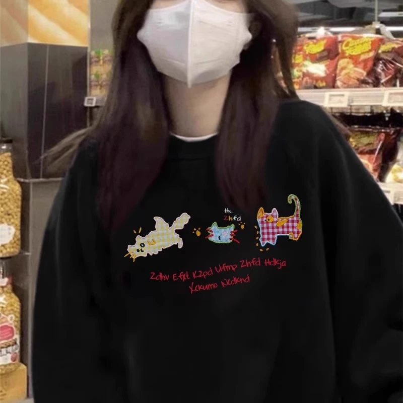 圆领加绒加厚黑色卫衣女2025新款爆款秋冬小个子宽松复古无帽上衣