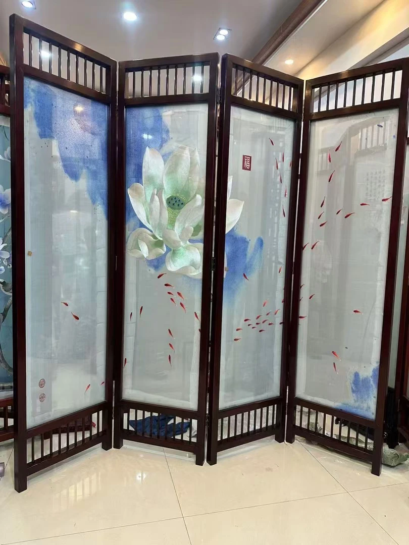 精品荷花四联屏风