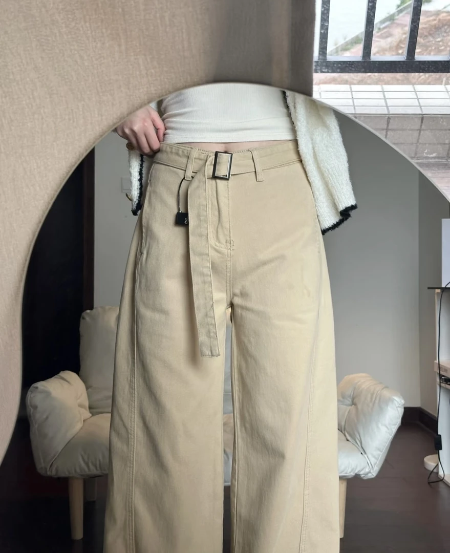 【现货24h+运费险】初秋美式复古卡其色休闲牛仔裤女生韩系ins衣服