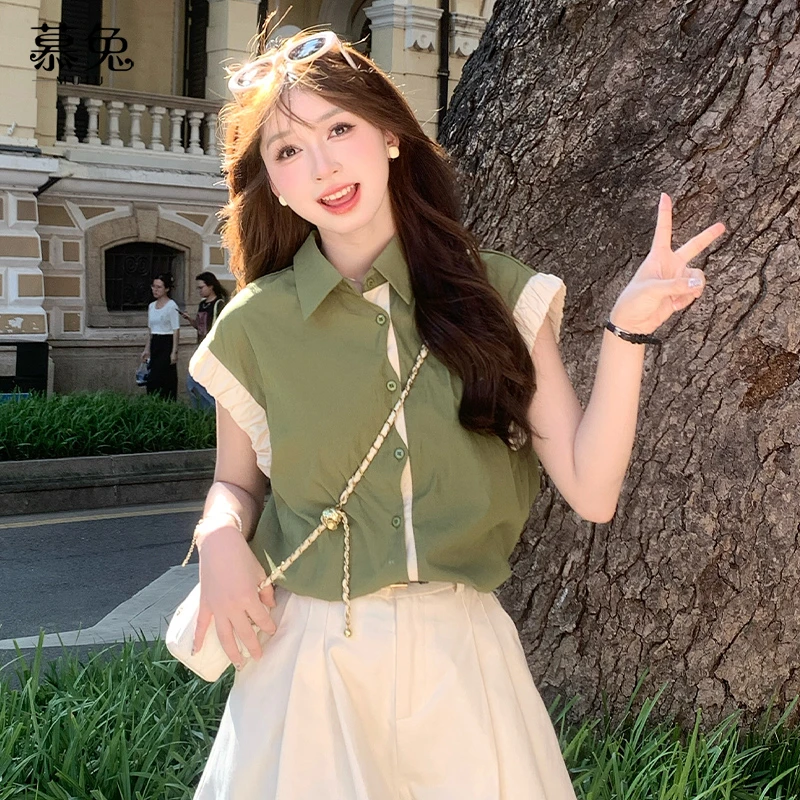 法式复古撞色短袖衬衫女2024秋季新款设计感小众宽松上衣