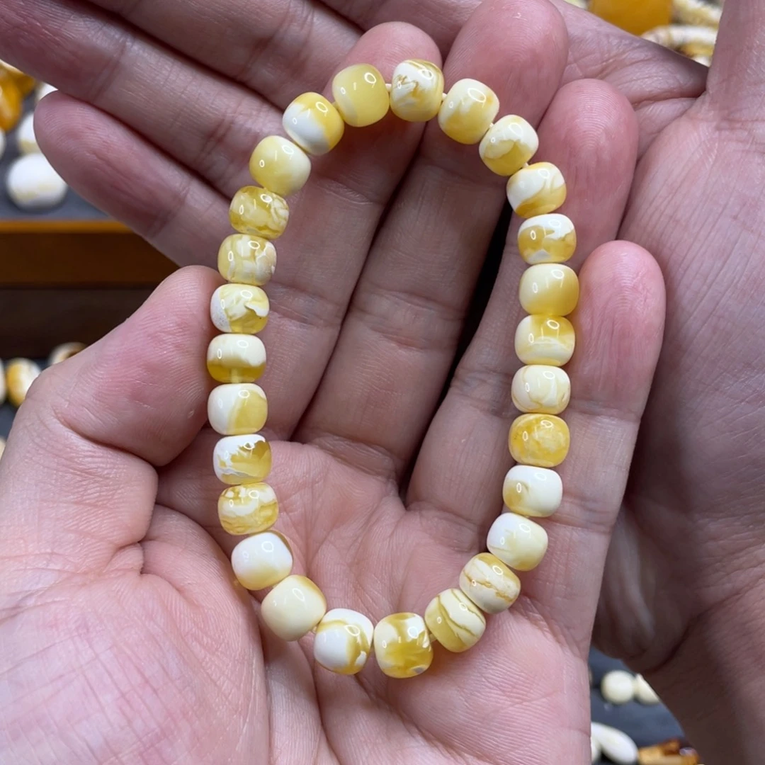 琥珀未镶嵌裸石特惠！8毫米金瓷白叠戴手串
