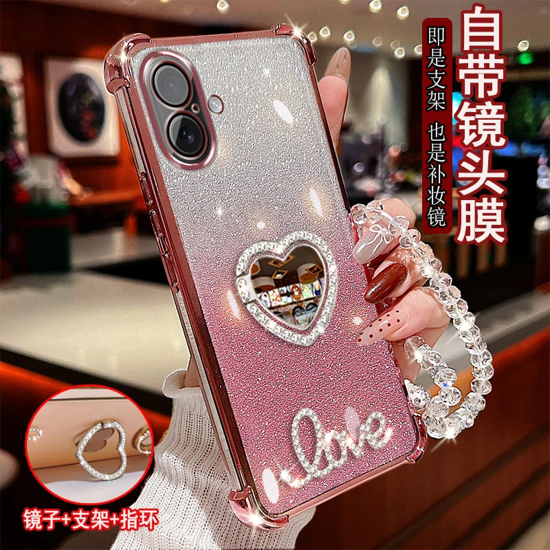 适用于苹果16plus手机壳气囊镶钻指环支架防摔保护套镜头全包女款