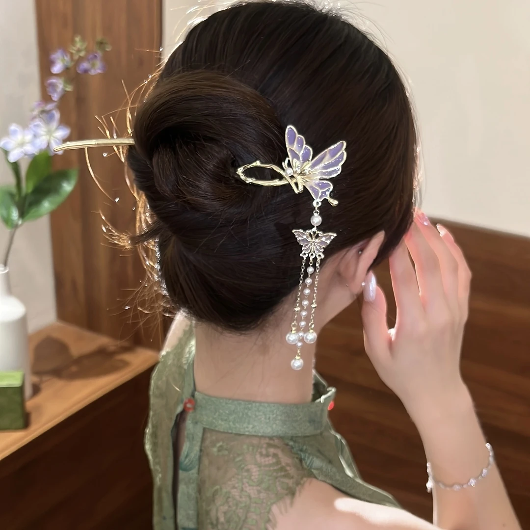 新中式国风紫蝶蝴蝶发簪流苏洋气中国风步摇簪子发钗发饰气质头饰