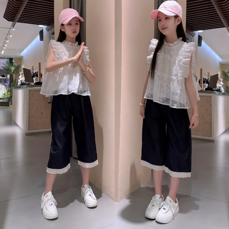 女童夏季飞袖薄款娃娃衫牛仔阔腿裤套装中大童洋气儿童夏装七分裤