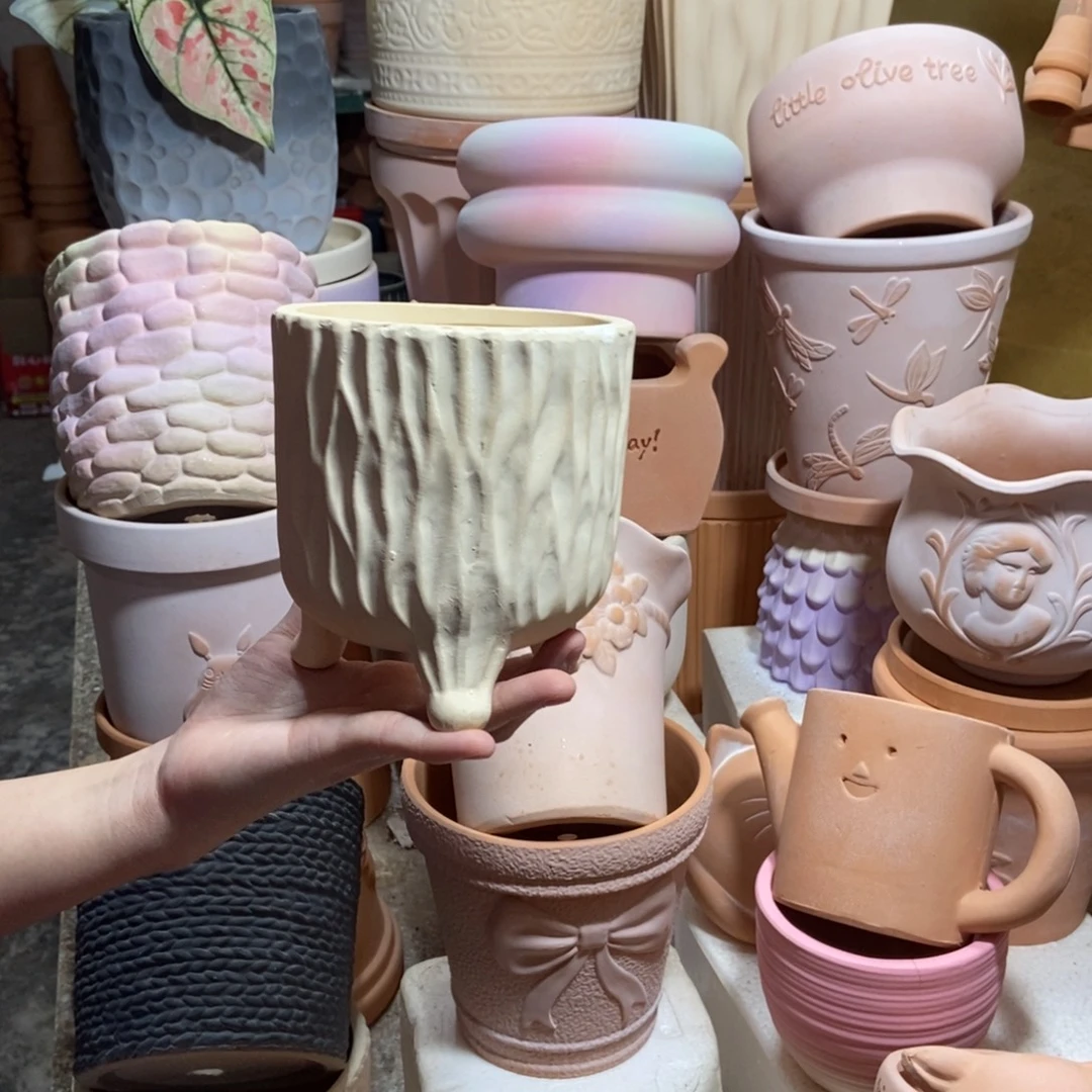 13×14白陶三脚树纹盆 粗陶1个