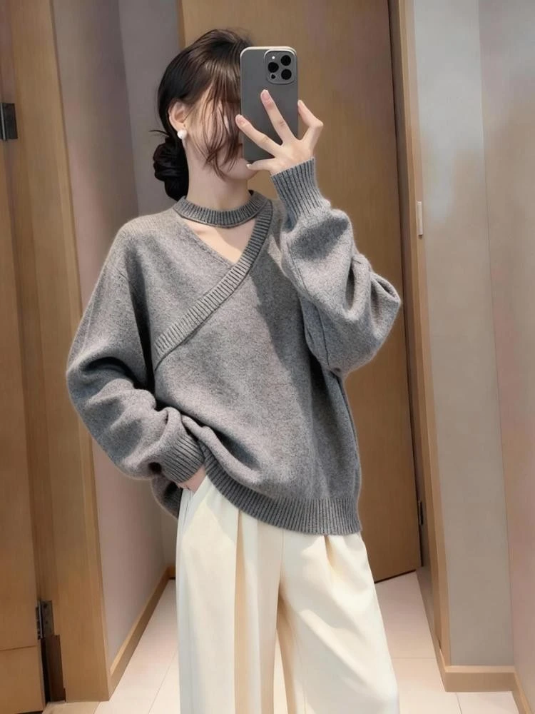 设计感小众挂脖针织衫女2025秋冬季新款软糯内搭慵懒风高级感毛衣