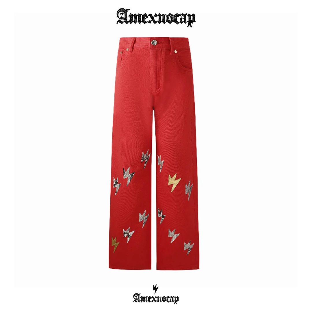 【蛇年限量500条】Amexnocap闪电牛蛇年红色直筒时尚高盎司牛仔裤