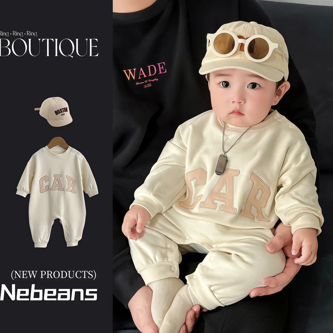 （现货）A棉柔软婴儿长袖连身衣外出服奶白色韩范简约字母CAR哈衣爬