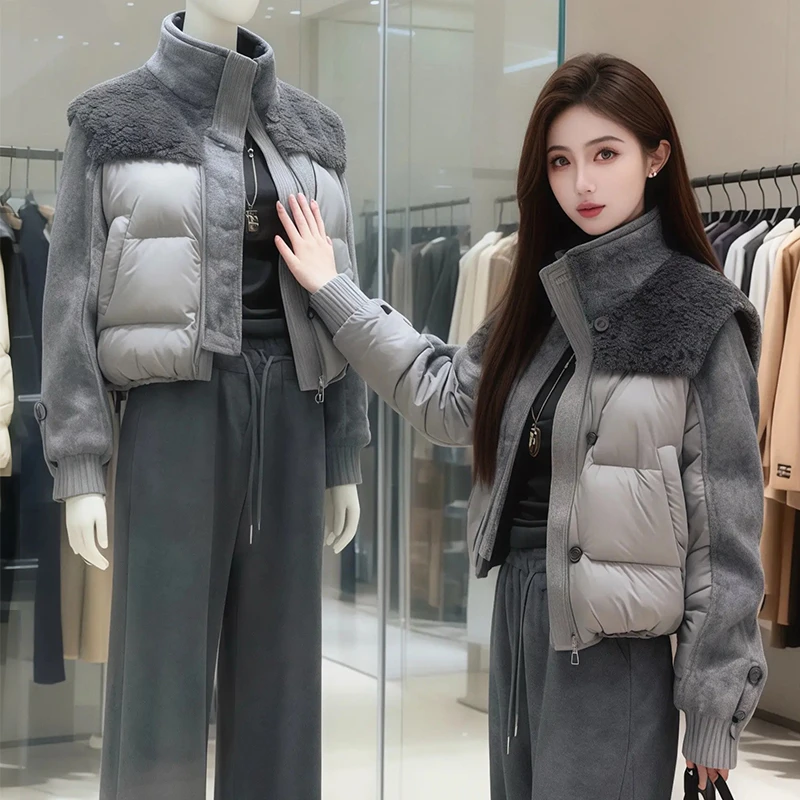 卡莲格/百搭立领拼接羽绒手塞棉棉服女冬季新款时尚保暖棉衣外套