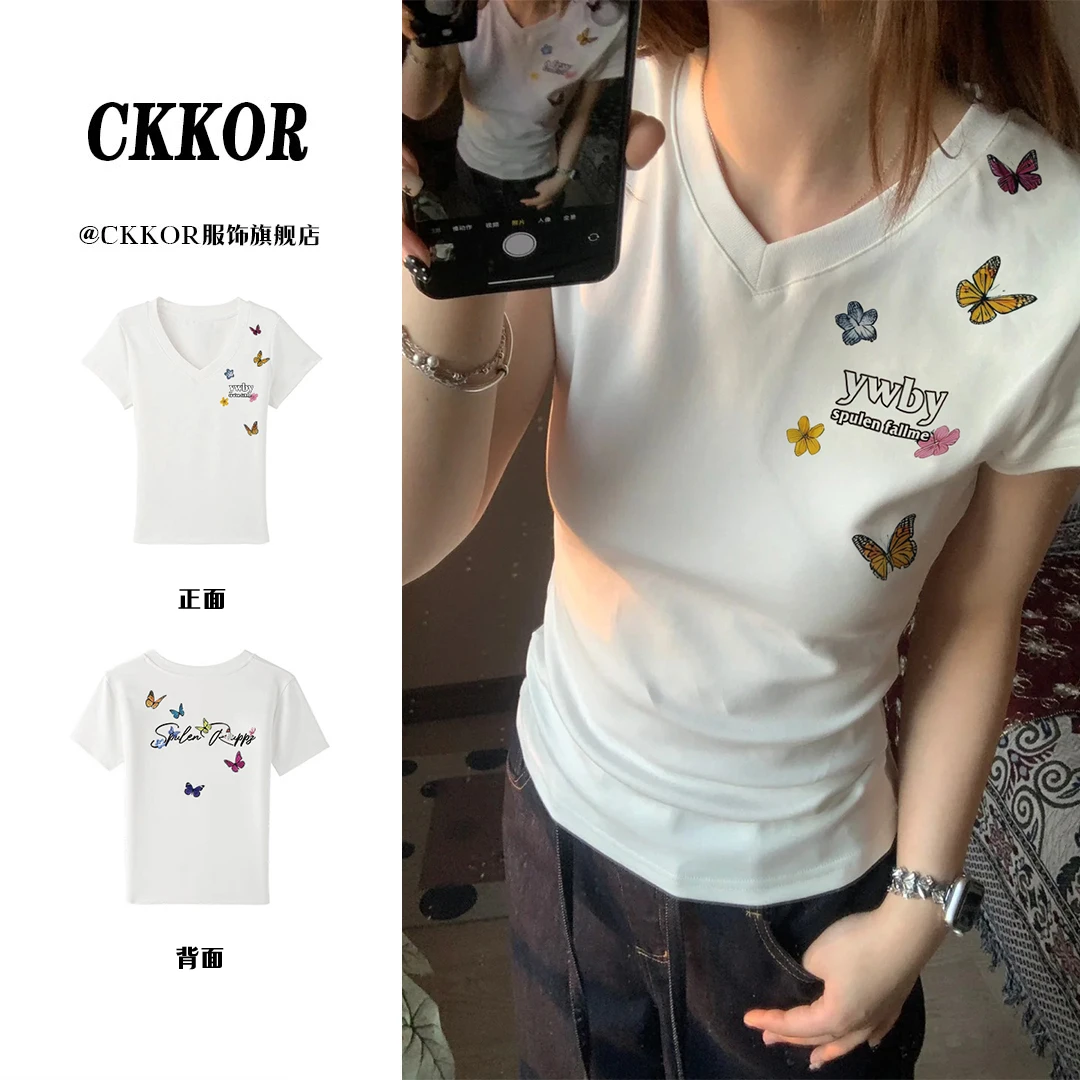CKKOR夏季新款爆款v领短袖女t恤新款修身显瘦百搭纯欲慵懒风女装