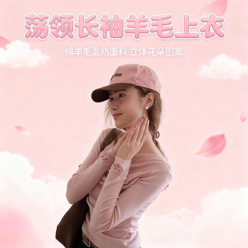 EGGKA荡领长袖立体花朵针织衫温柔上衣E25A8156AF E25A80296AF