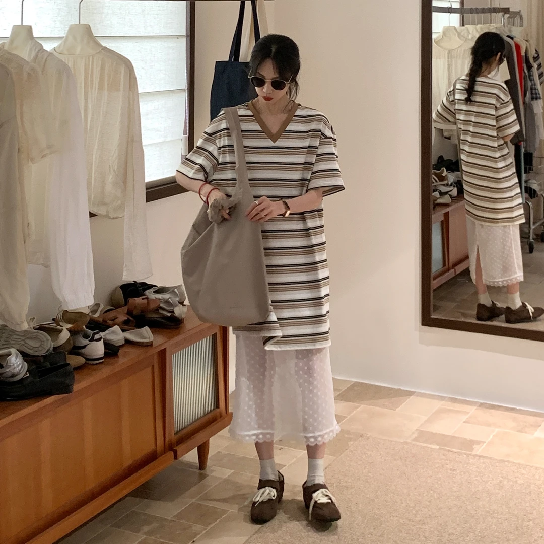 韩系卡其色条纹短袖套装女2025夏新款宽松显瘦遮肉两件套