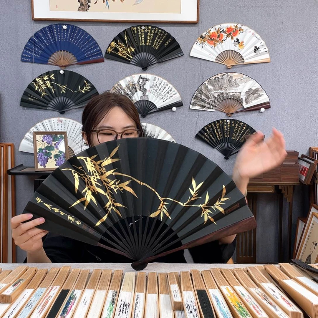 国画10寸黑檀-纯手绘-文玩扇骨（默认粘好）