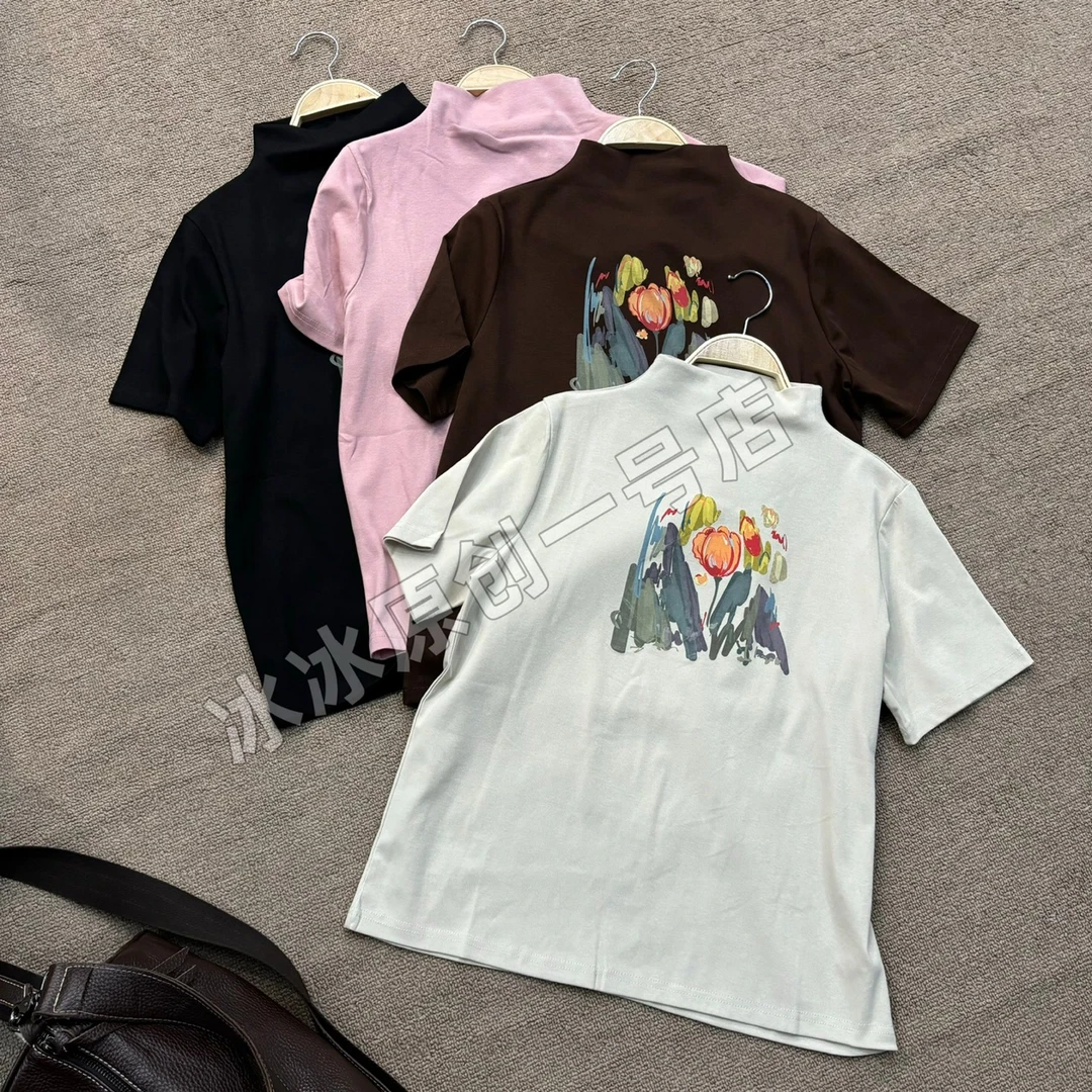 【冰冰一号店】66532#新春款半高领印花短袖T恤打底精品