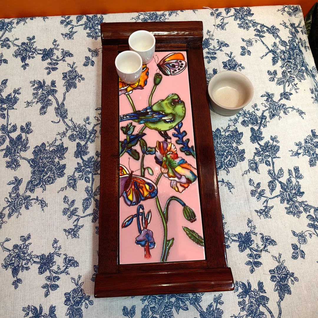 复古15*37卷轴中国风手工手绘瓷板画卷轴茶托盘桌面茶台品茗瓷器
