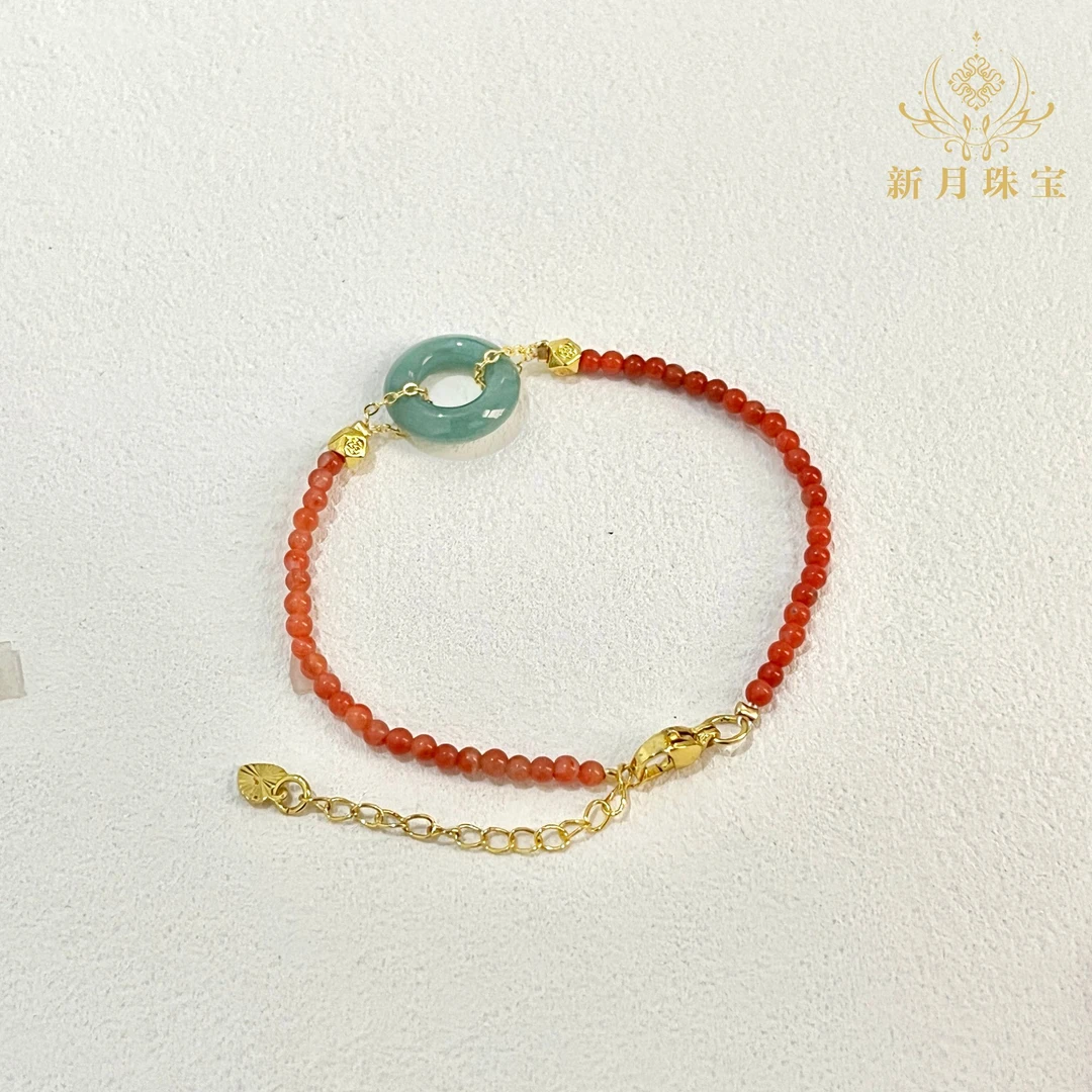 天然A货翡翠冰蓝水圆环+南红玛瑙原创手链-多样性发一