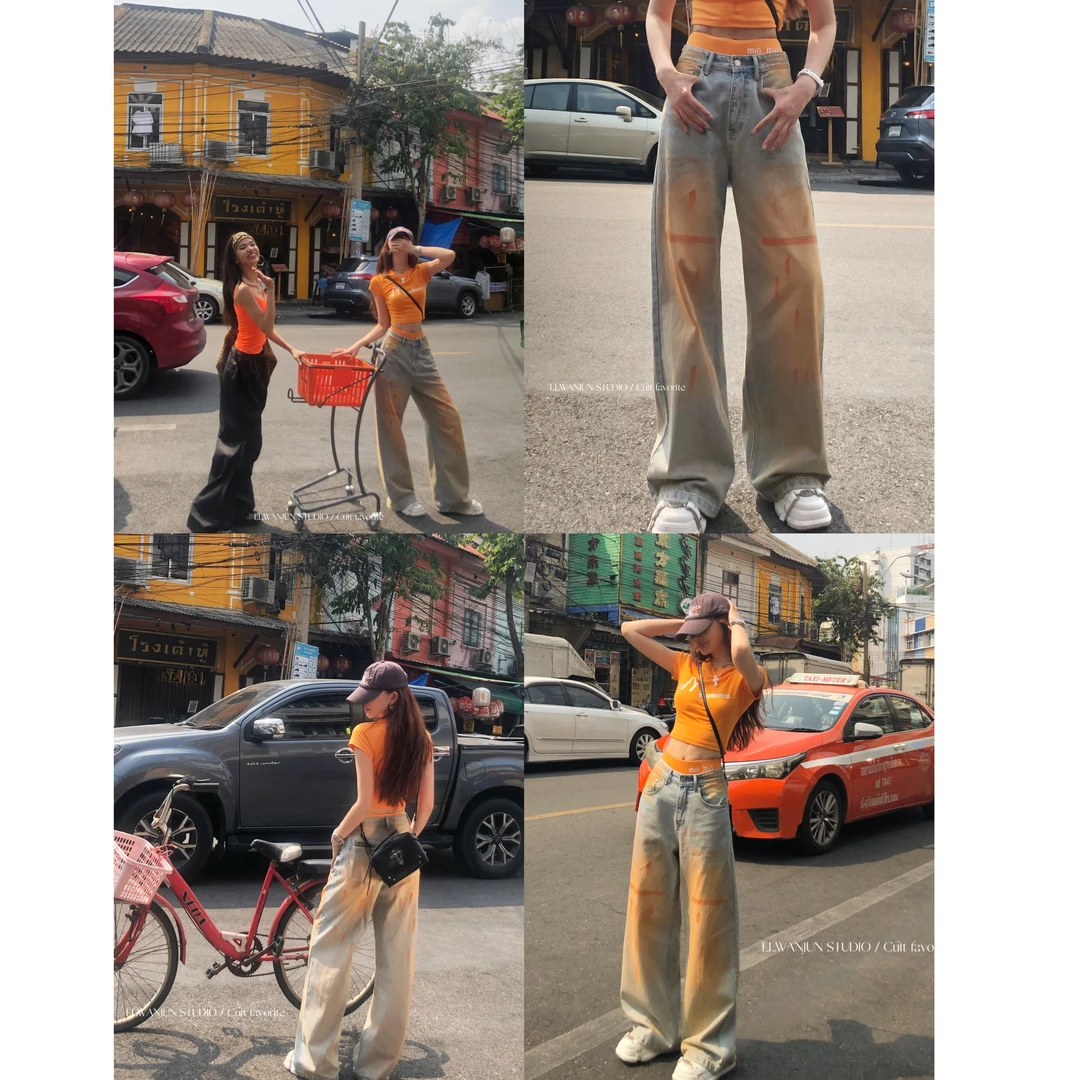 婉君【橙子女孩裤】美式复古高街扎染阔腿牛仔裤LWJ24A1K591