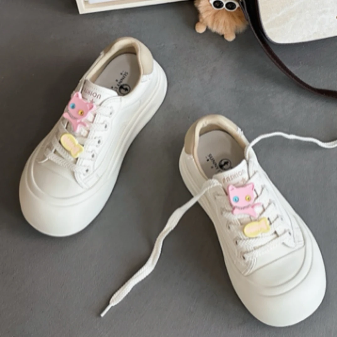 雪芭妮2025春季新品法式大圆头丑萌女鞋百搭运动休闲系带厚底小白