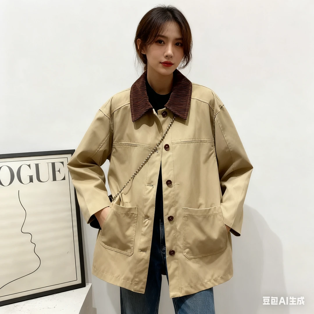 翻领中长款防风夹克