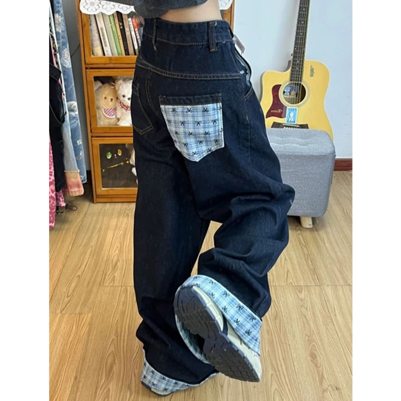 300斤大码蓝色格子拼接牛仔裤新款美式小众蝴蝶结宽松显瘦阔腿裤2