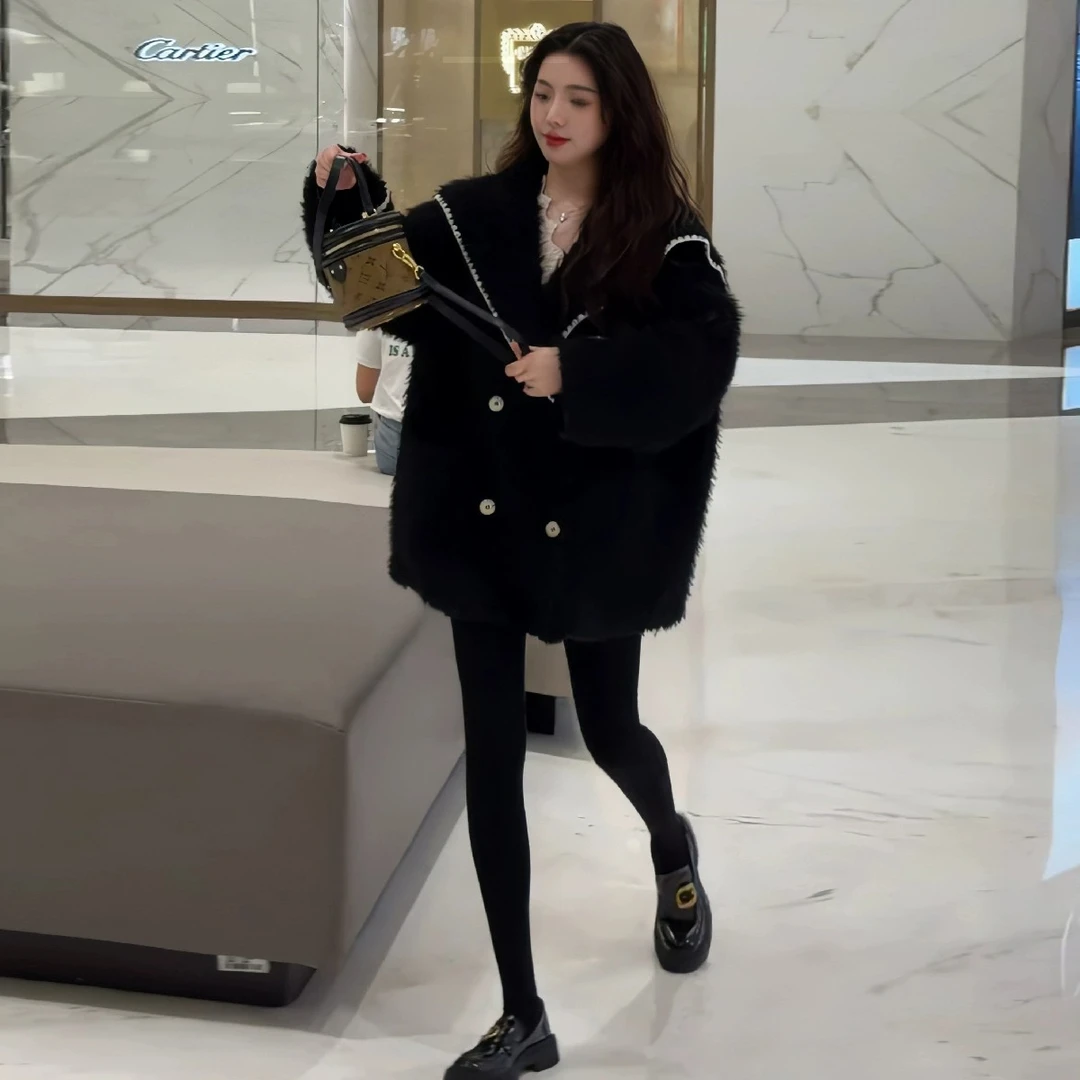 欧货高级感海军领毛呢外套女2025冬季新款洋气减龄毛绒绒小香上衣