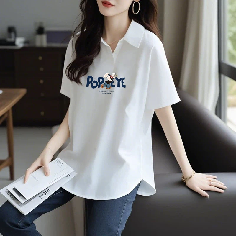 2025新款欧货夏季polo领遮屁股打底衫上衣显瘦宽松白色短袖T恤女