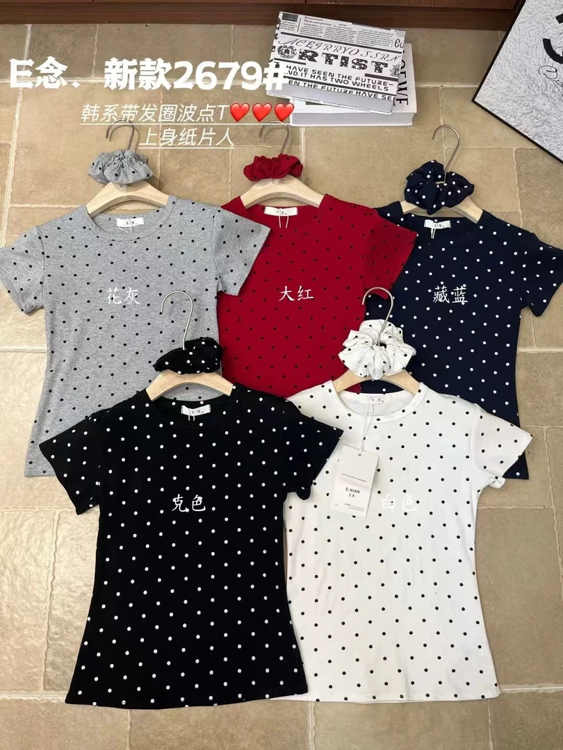E念2679夏季韩版简约百搭纯色波点印花圆领短袖T恤女上衣(带发圈)