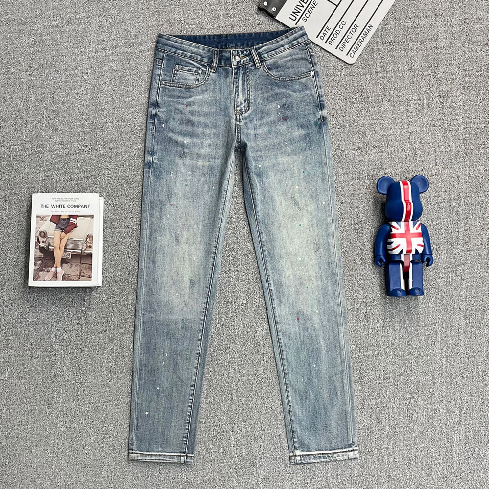 2025年高端蓝色点漆男士牛仔裤复古百搭修身小脚弹力水洗简约长裤