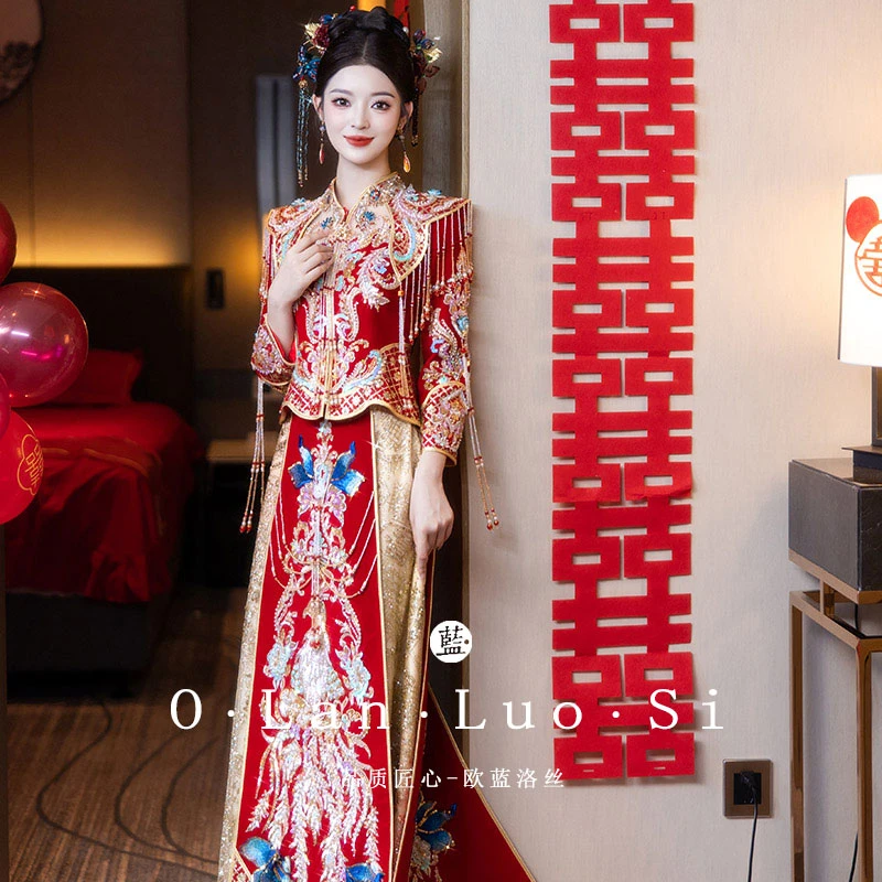 重工小拖尾秀禾服婚服新娘2025新款结婚出阁服中式出嫁服嫁衣冬季